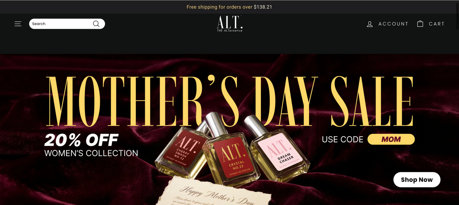 “Homepage banner promoting a Mother’s Day fragrance bundle sale with discounted women’s perfume collection products and a seasonal promo code.”