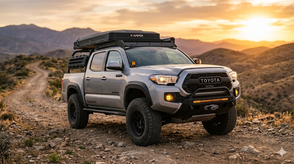 Overlanding truck with complete fog light upgrade including A-pillar pods and grille lights