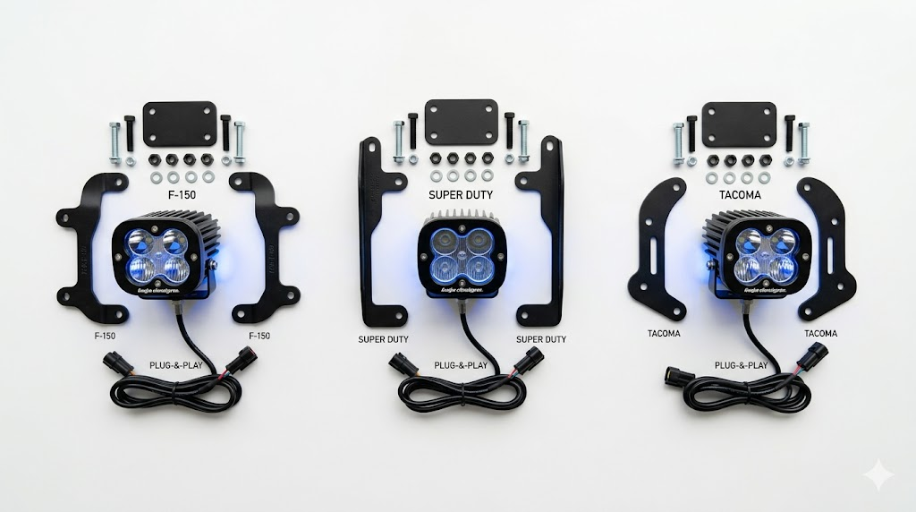 Same LED pods with different bracket sets for F-150, Super Duty, and Tacoma platforms