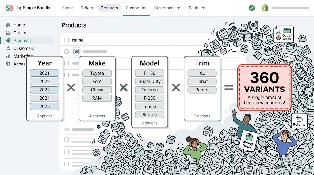 Infographic showing Year × Make × Model × Trim multiplying to 360 variants