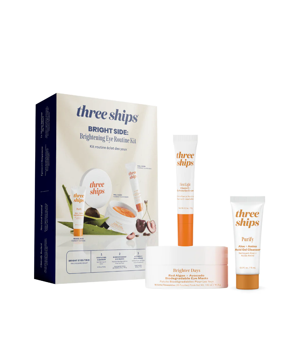 Three Ships skincare bundle featuring complementary products packaged together in a brightening eye routine kit.