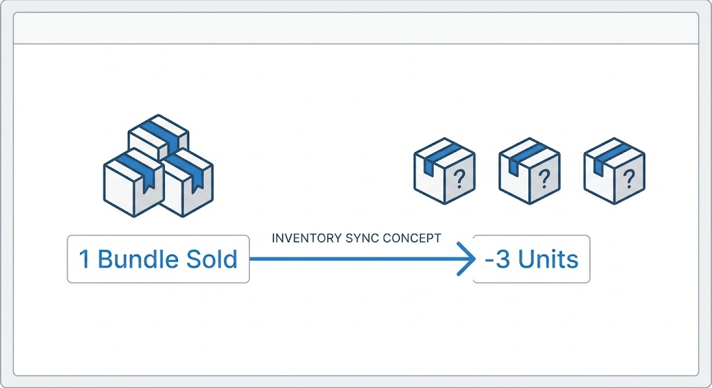 Diagram showing one bundle sold equals three units deducted from inventory