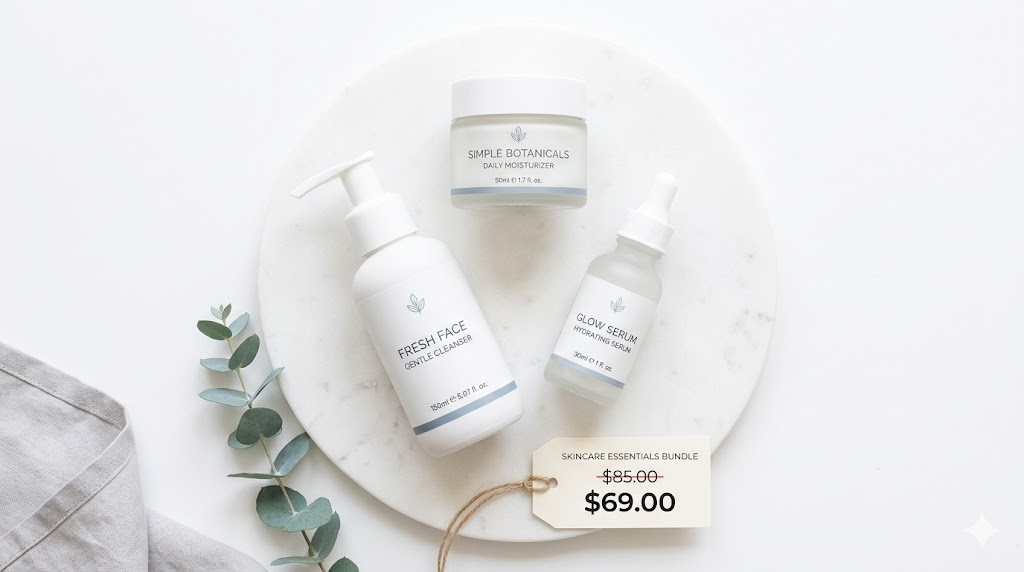 Skincare bundle flat lay showing three products arranged together with bundle pricing