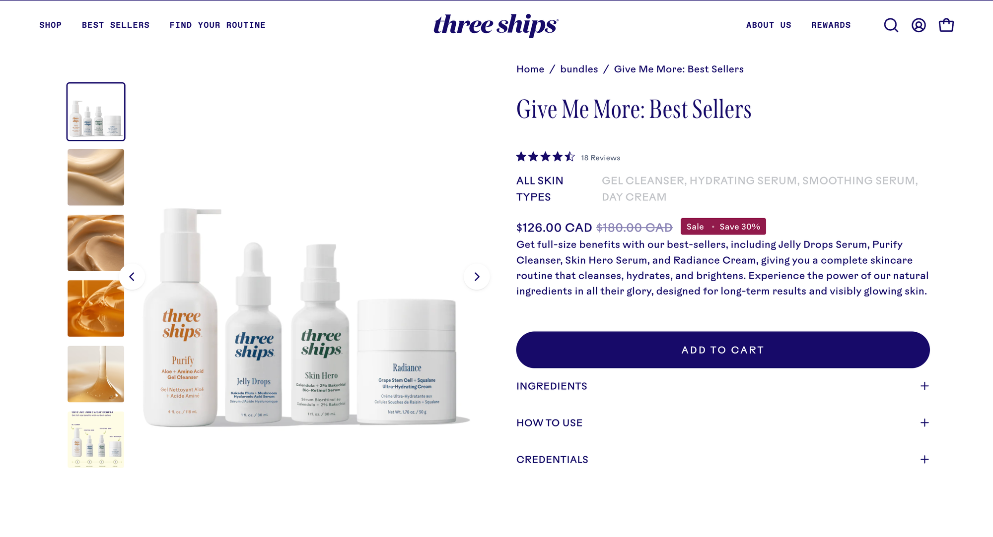 Three Ships product bundle page showing the “Give Me More: Best Sellers” skincare bundle with discounted pricing.
