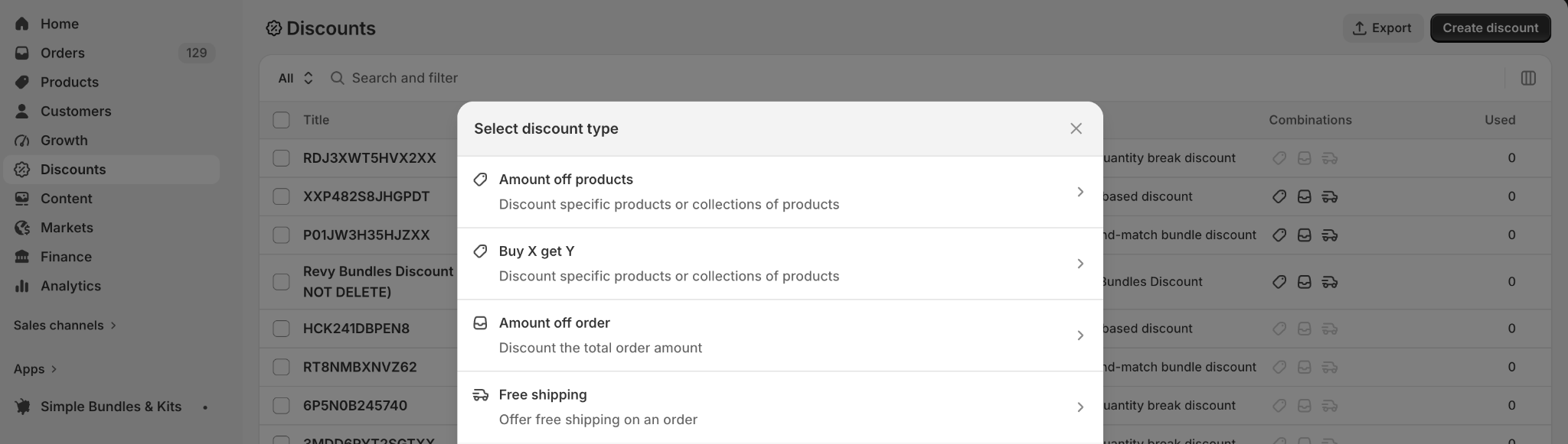 Shopify discount setup screen showing discount type options, including amount off products, Buy X get Y, amount off order, and free shipping.