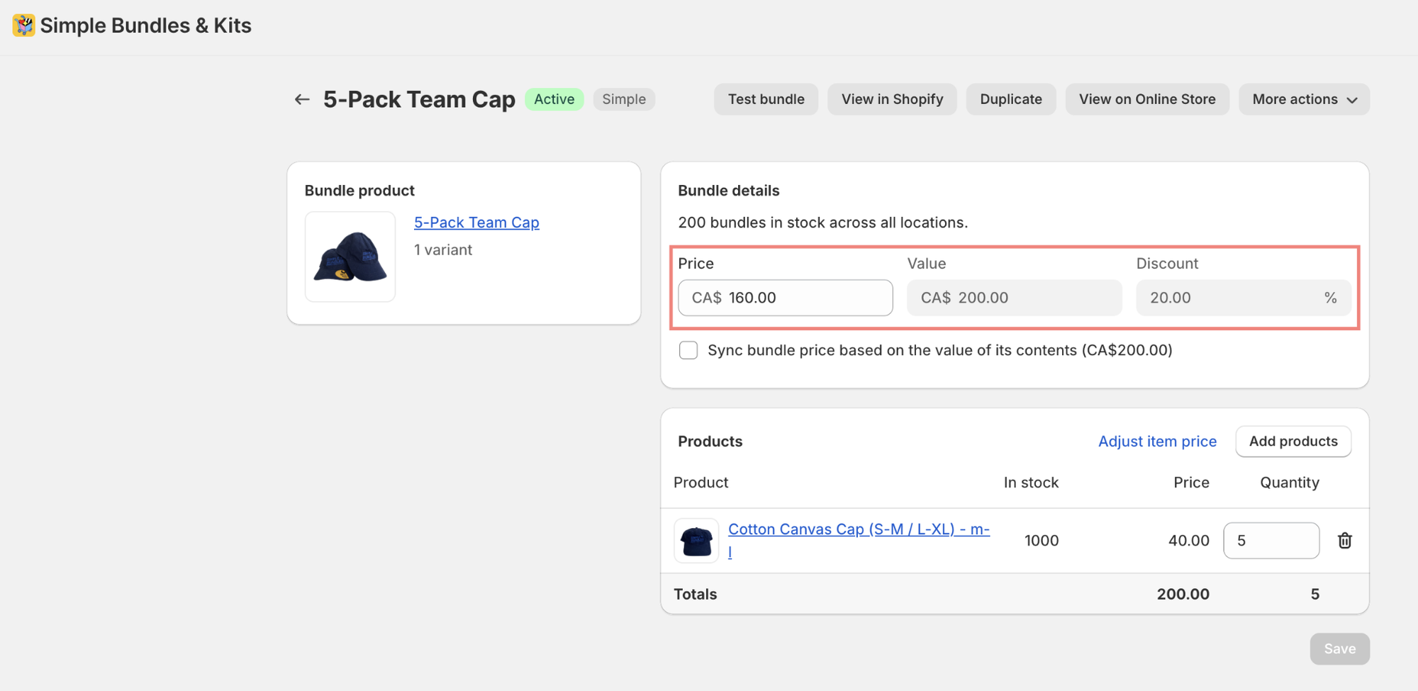 Simple Bundles admin view showing a 5-pack team cap bundle with price, value, discount, and component quantity settings.