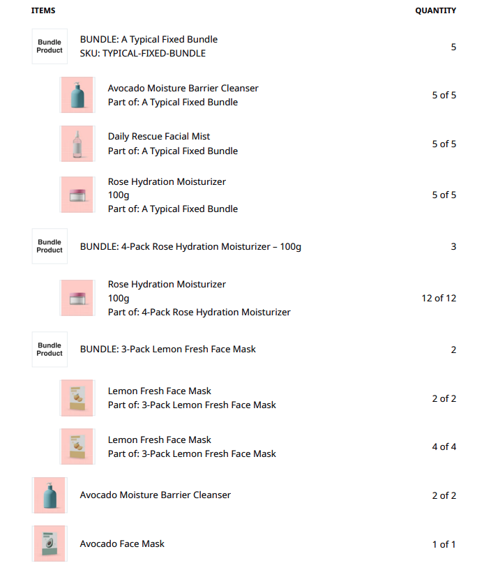 Packing list showing bundle products broken down into individual component items and quantities for fulfillment.