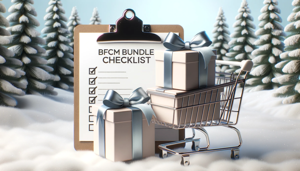 A checklist that says "BFCM bundle checklist," which sits behind a shopping cart and gifts. The background is a snowy terrai