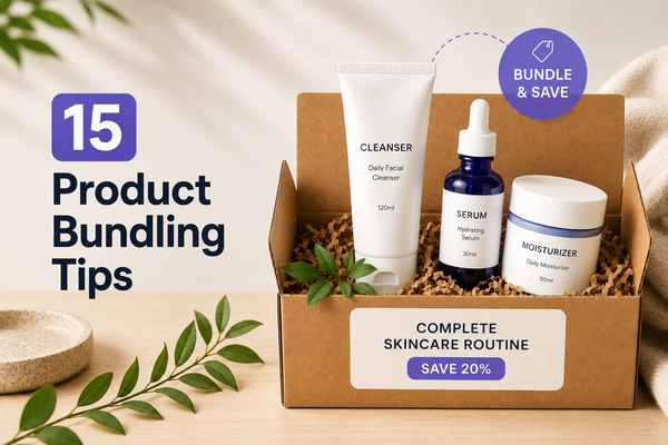 ecommerce product bundling graphic featuring skincare products inside a cardboard bundle box with purple ‘Bundle & Save’ and ‘Save 20%’ labels beside the headline ‘15 Product Bundling Tips.’