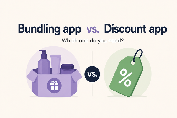 Illustration comparing a bundling app and discount app, with a product bundle box on one side and a percentage discount tag on the other.