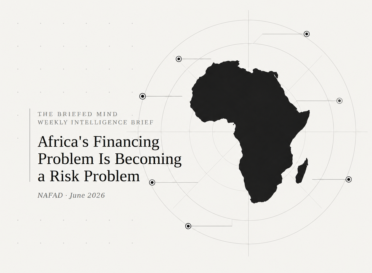 Black-and-white editorial graphic showing a silhouette of Africa within circular risk markers, illustrating Africa’s shift from capital scarcity to risk transformation.