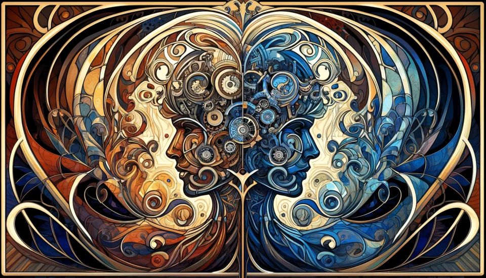 Astract image of two merged heads with overlapping mechanical and organic features.