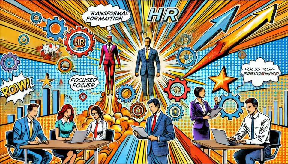 Pop art-style HR team collaborating in an office, surrounded by symbols of growth and productivity like gears and arrows.