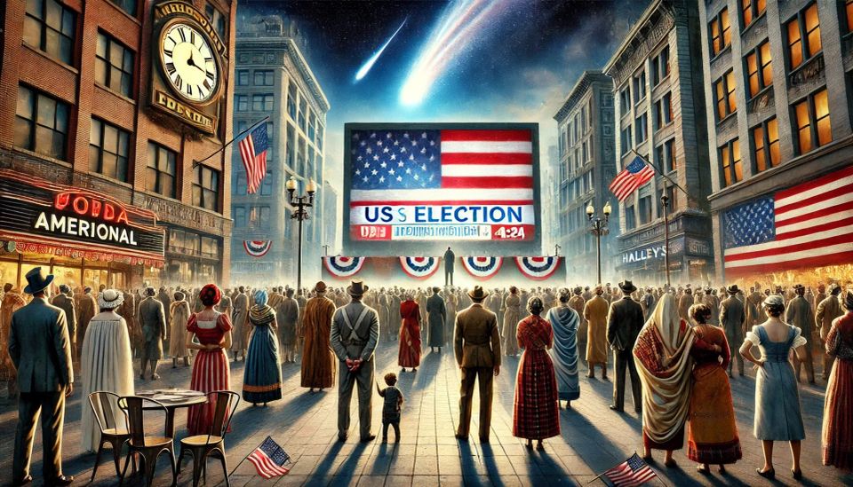 An international plaza filled with people from various cultures watching the U.S. election on a giant screen.