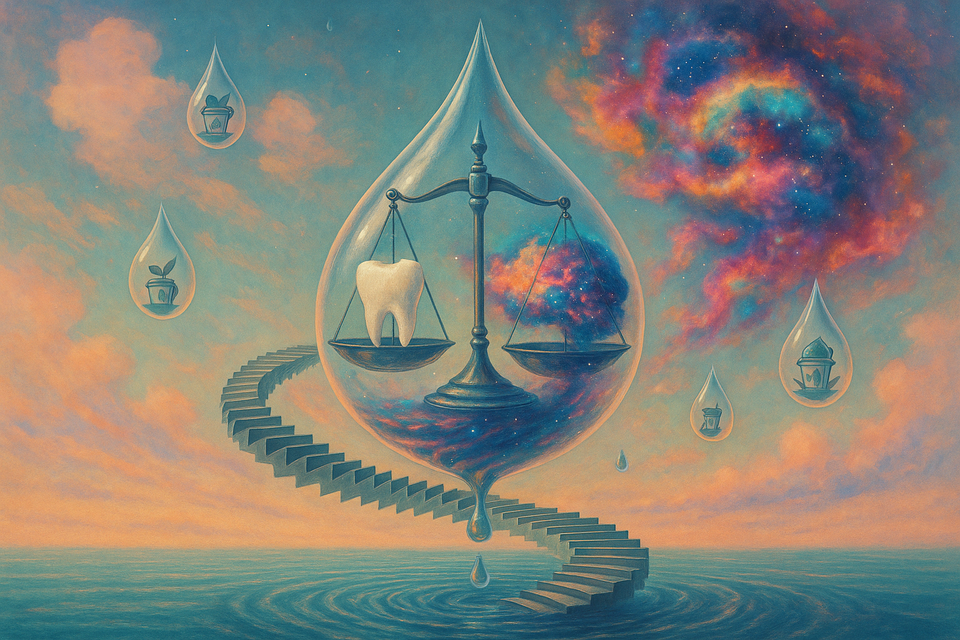 A surreal image of a set of scales inside a water droplet with a tooth on one end and a nebula-like brain on the other. 