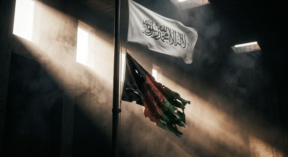 A photo shows two flags on a pole in a sunlit, smoky room: a white flag with Arabic script above a tattered Afghan flag.