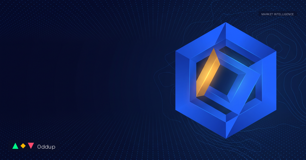 Editorial cover: an isometric hexagonal geometric form in electric blue with an amber core, on a deep navy topographic canvas. Oddup logo bottom-left.