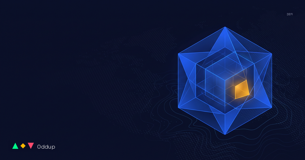 Abstract electric-blue geometric form with a warm amber centre over a deep navy topographic grid, with Oddup branding and a DEFI category tag.