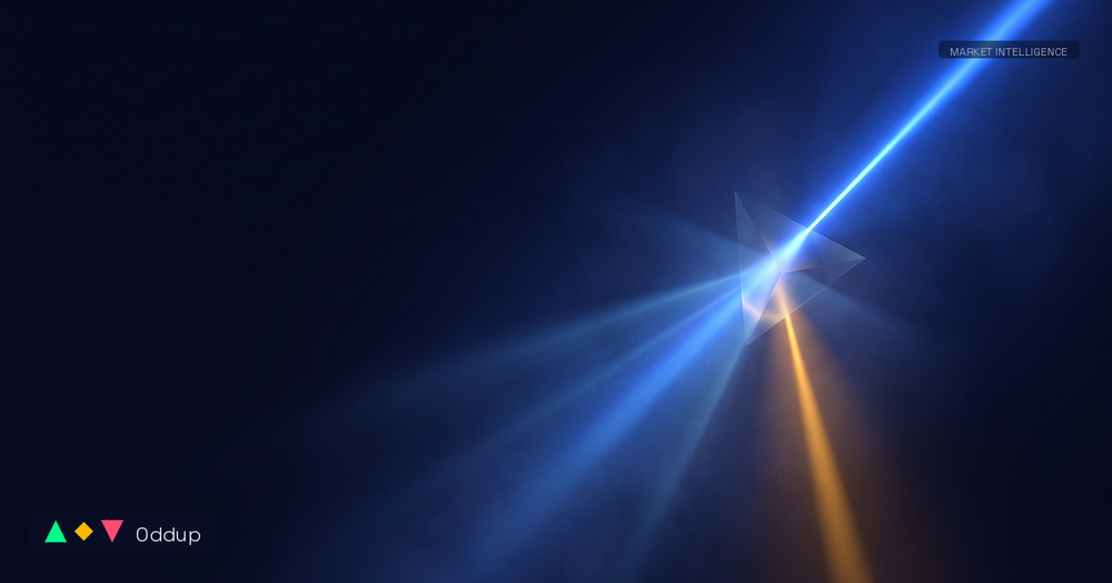 Abstract electric-blue light beam refracting through a prism with a warm amber ray on deep navy, with Oddup branding and MARKET INTELLIGENCE tag.