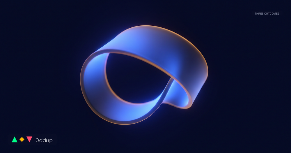 Soft electric-blue abstract ribbon with a warm amber rim on deep navy, with Oddup branding and the THREE OUTCOMES category tag.