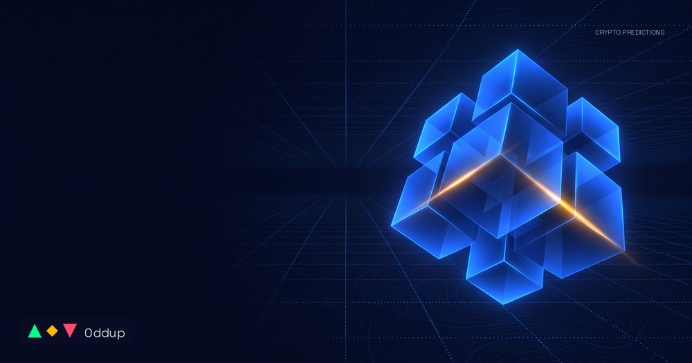 Abstract electric-blue geometric form over a deep navy topographic grid with a warm amber highlight, Oddup branding and CRYPTO PREDICTIONS tag.