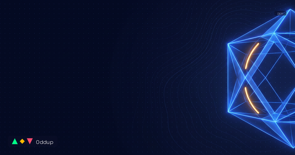 Abstract electric-blue geometric form over a deep navy topographic grid with a warm amber highlight, Oddup branding and DEFI tag.