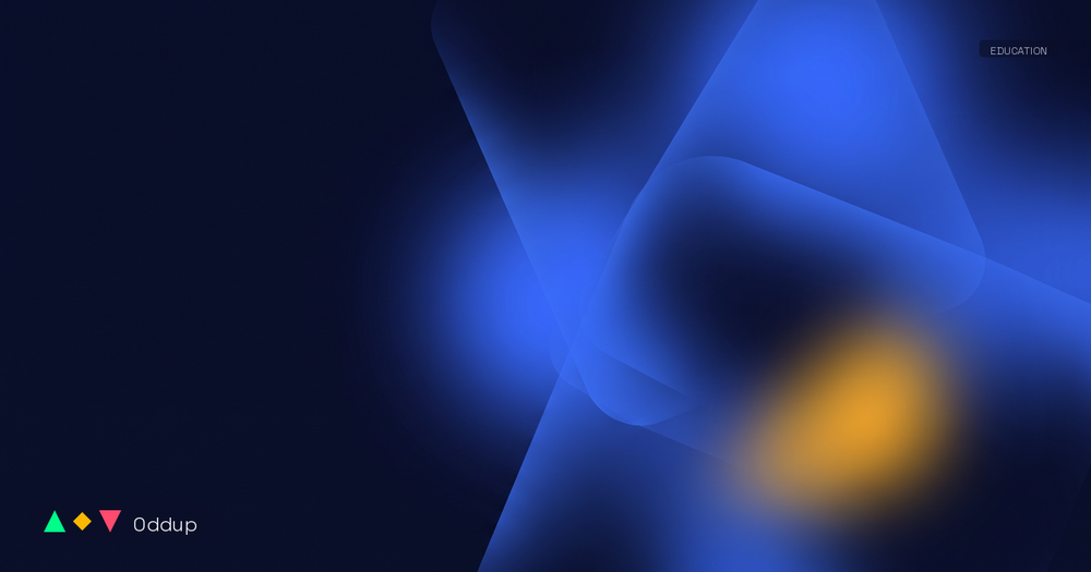 Abstract electric-blue geometric planes and a warm amber accent on deep navy, with Oddup branding and an EDUCATION tag.