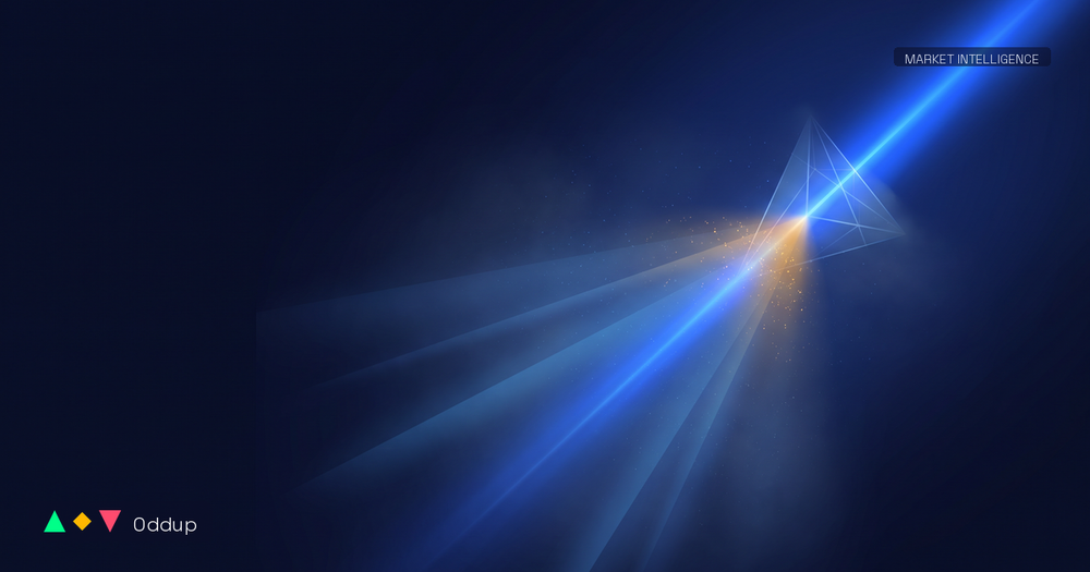 Abstract electric-blue light refracts through a prism on deep navy with a warm amber glint, Oddup branding and a MARKET INTELLIGENCE tag.