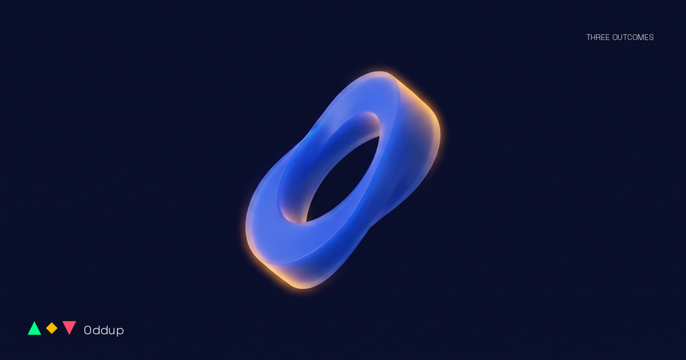 Abstract electric-blue ribbon form with a warm amber rim on deep navy; Oddup mark bottom left and THREE OUTCOMES tag top right.