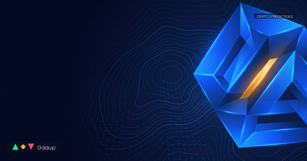 Electric-blue geometric form and subtle topographic lines on deep navy, with an amber highlight, Oddup branding and a CRYPTO PREDICTIONS tag.