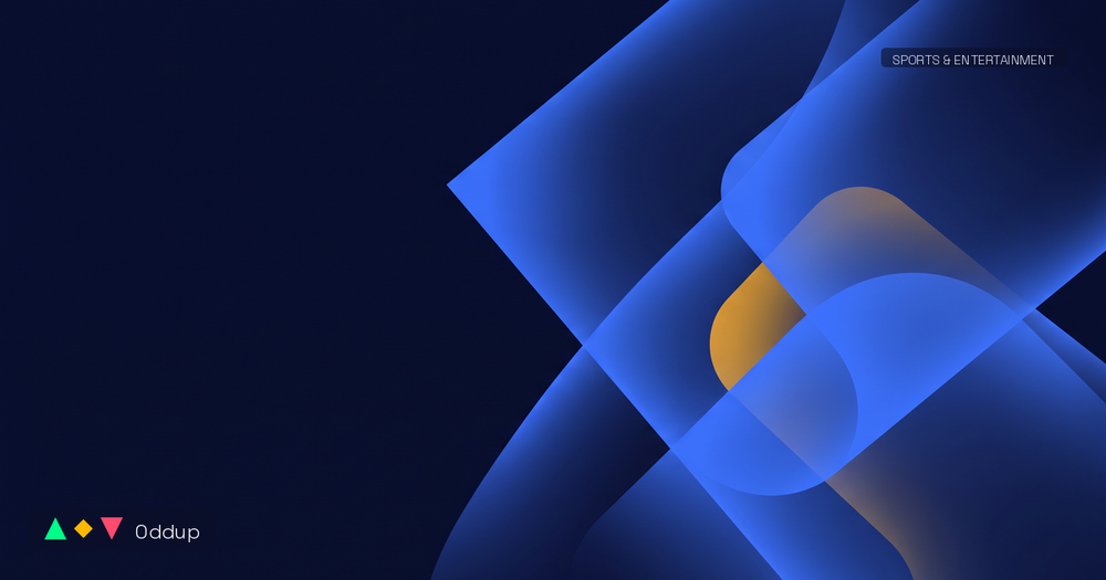 Abstract editorial cover: layered electric blue geometric planes with one amber accent shape on deep navy, Oddup logomark bottom-left, Sports & Entertainment tag.