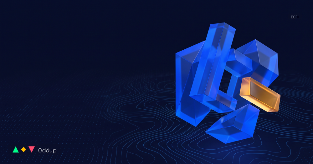 Abstract editorial cover: translucent electric blue geometric blocks with one amber block over faint contour lines on deep navy, Oddup logomark bottom-left, DeFi tag.