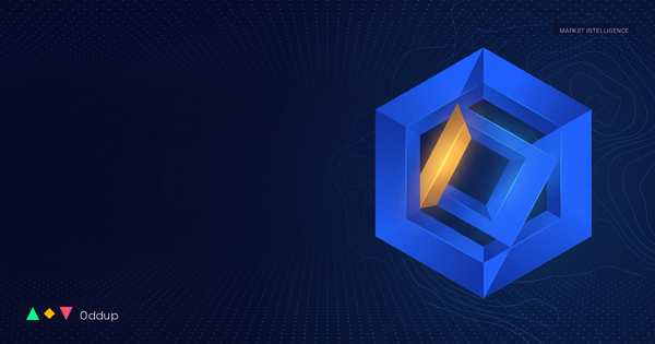 Editorial cover: an isometric hexagonal geometric form in electric blue with an amber core, on a deep navy topographic canvas. Oddup logo bottom-left.