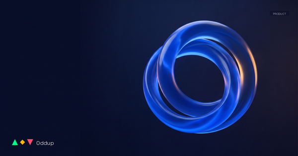Editorial cover: interlocking sculptural rings in electric blue with an amber rim-light, on a deep navy studio background. Oddup logo bottom-left.