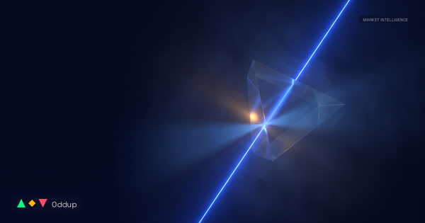 Abstract electric-blue light beam refracting through a prism on a deep navy background, with a subtle amber glint and Oddup branding.