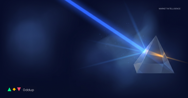 Editorial cover: an electric blue light beam refracts through a glass prism into a warm amber ray on a deep navy canvas. Oddup logo bottom-left.