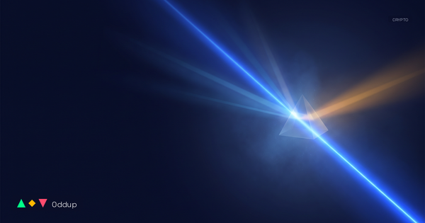 Abstract electric-blue light beam refracting through a glass prism on deep navy, with amber glint and Oddup branding.