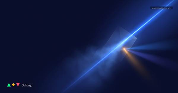 Light-ray and prism motif on deep navy — an electric blue beam refracts through a faint prism with a single amber highlight.