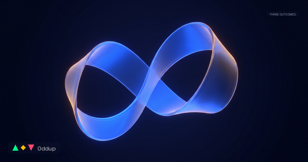 Soft electric-blue abstract ribbon with a warm amber rim on deep navy, with Oddup branding and the THREE OUTCOMES category tag.