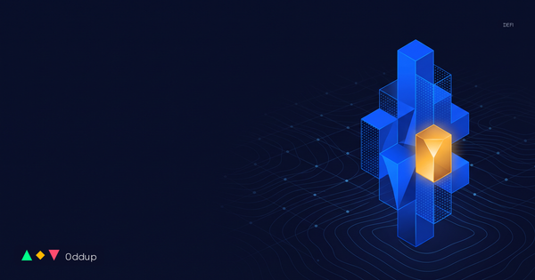 Abstract electric-blue geometric form with a warm amber highlight over a deep navy topographic grid, with Oddup branding and DEFI category tag.