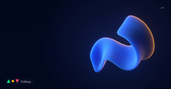 Abstract electric-blue 3D form with a warm amber rim on deep navy, with Oddup branding and DEFI category tag.