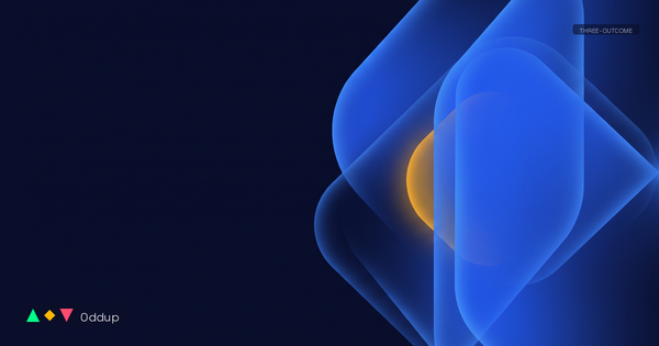 Layered electric-blue geometric planes with an amber centre on deep navy, branded with Oddup and a Three-Outcome tag.