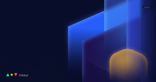Abstract electric-blue geometric planes with a warm amber curve on Deep Navy, representing layered uncertainty in a sports prediction market.