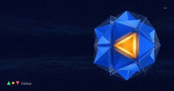 Abstract electric-blue geometric form with a warm amber centre over a deep navy topographic grid, with Oddup branding and a DEFI category tag.