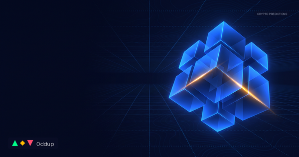 Abstract electric-blue geometric form over a deep navy topographic grid with a warm amber highlight, Oddup branding and CRYPTO PREDICTIONS tag.
