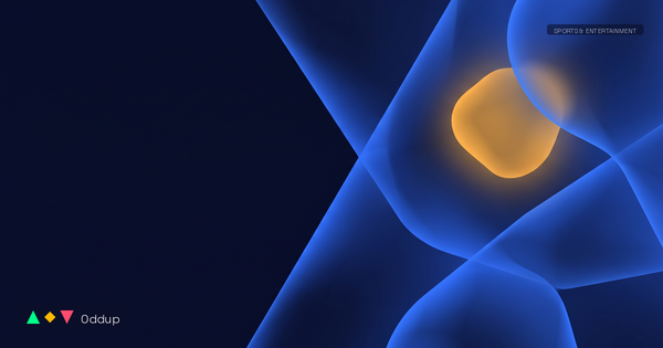 Abstract electric-blue geometric planes with a warm amber form on deep navy, framed by Oddup branding and a Sports & Entertainment tag.