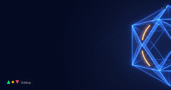 Abstract electric-blue geometric form over a deep navy topographic grid with a warm amber highlight, Oddup branding and DEFI tag.