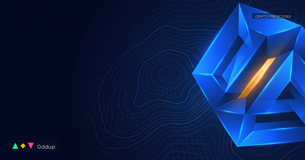 Electric-blue geometric form and subtle topographic lines on deep navy, with an amber highlight, Oddup branding and a CRYPTO PREDICTIONS tag.