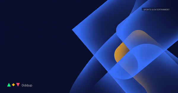 Abstract editorial cover: layered electric blue geometric planes with one amber accent shape on deep navy, Oddup logomark bottom-left, Sports & Entertainment tag.