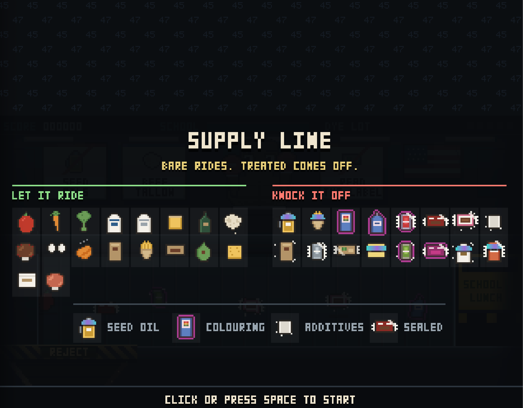 The instruction screen from the game reads Supply Line, bare rides. treated comes off. There are two categories called let it ride and knock it off. A third section has icons for seed oil, colouring, additives, and sealed.